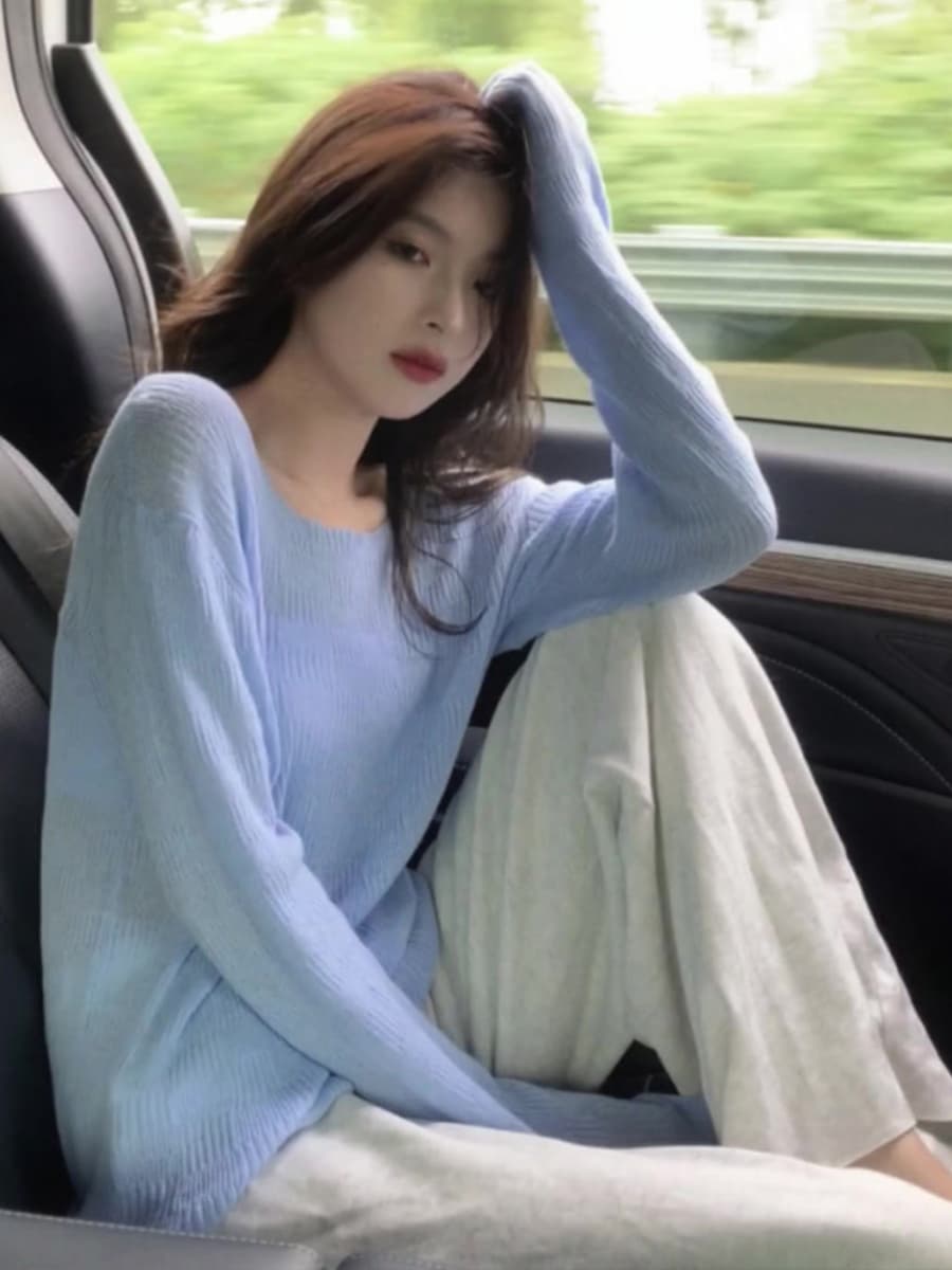 프랑스식 파란색 긴팔 티셔츠 여성 봄 여름 블라우스 오프숄더 니트 기본 셔츠 서리가 내린 부서 Chic 맨위 이미지 5
