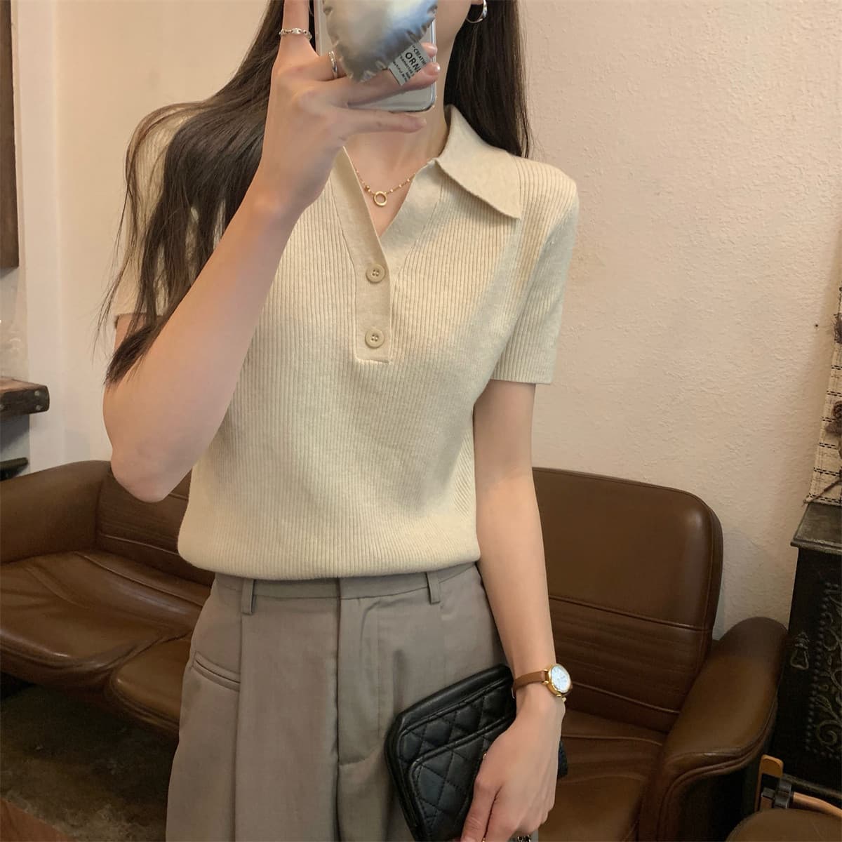 새로운 여름 한 부서 POLO 칼라 단추 디자인 센스 순수한 욕망 티셔츠 여성 다용도 니트 반팔 맨위 ins 상세 이미지 17