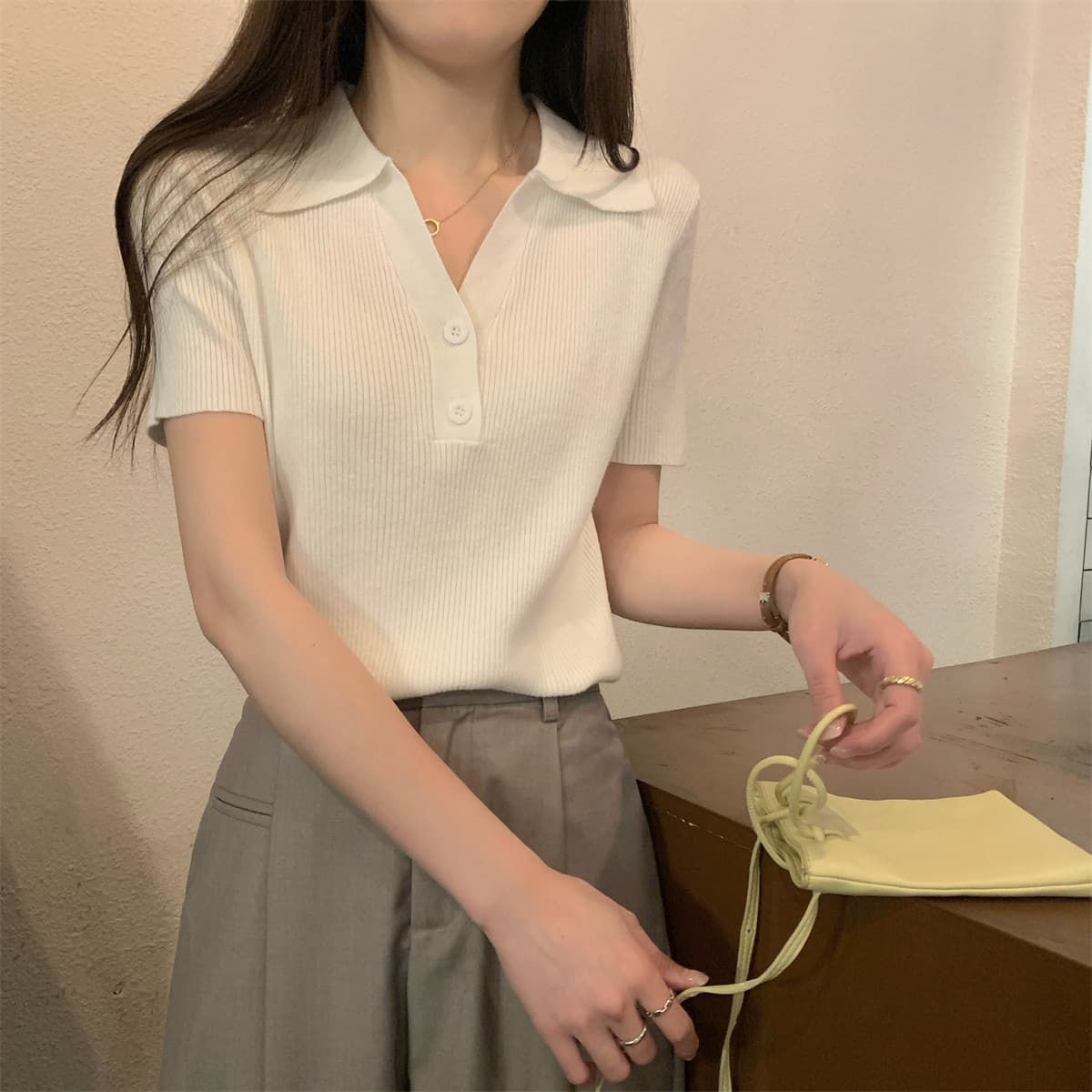 새로운 여름 한 부서 POLO 칼라 단추 디자인 센스 순수한 욕망 티셔츠 여성 다용도 니트 반팔 맨위 ins 상세 이미지 28