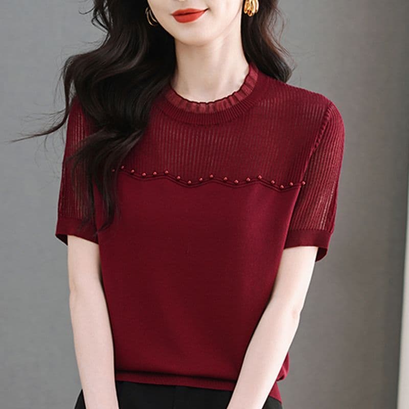 2026 고급 얼음 실크 반팔 티셔츠 여성 여름 홀로우 아웃 작은 셔츠 얇은 비즈 박기 라운드 넥 단색 외출용 표지 고기 맨위 이미지 4