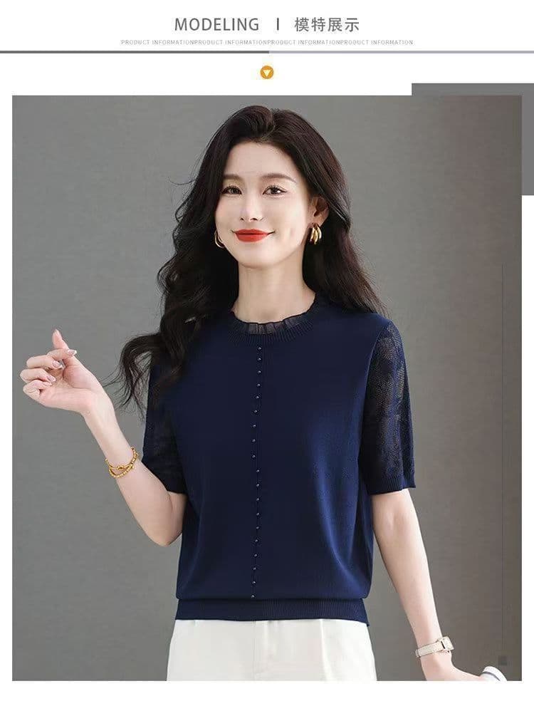 고급 뽕나무 누에 실크 반팔 티셔츠 얇은 스타일 여름 외국 가스 슬림해 보이는 새로운 루즈핏 레이스 얼음 실크 니트 스웨터 맨위 상세 이미지 9