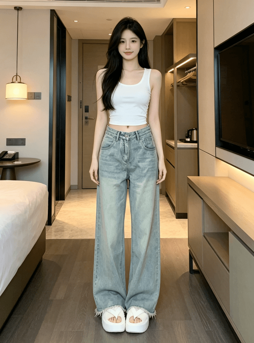 레트로 마 오래된 넓은 다리 청바지 여성 여름 섹션 디자인 센스 하이웨이스트 루즈핏 슬림해 보이는 스트레이트 거친 가장자리 바닥 청소 바지