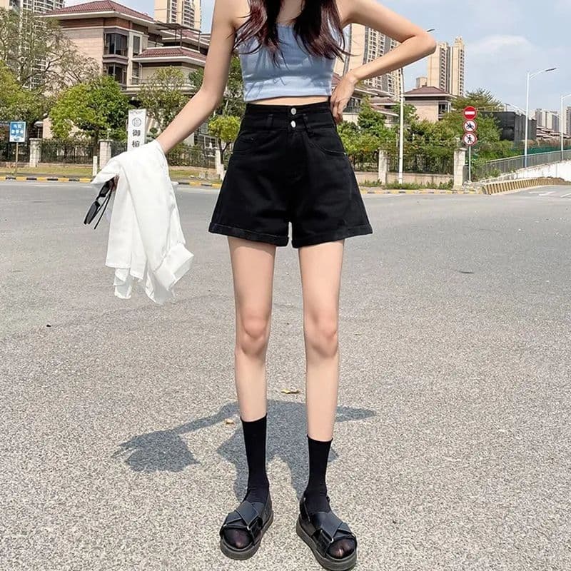 더블 버클 개성 미니멀리즘 스트레이트 데님 반바지 여성 여름 새로운 루즈핏 볼륨 측면 넓은 다리 데님 뜨거운 반바지 트렌디 이미지 5