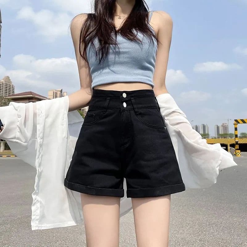 더블 버클 개성 미니멀리즘 스트레이트 데님 반바지 여성 여름 새로운 루즈핏 볼륨 측면 넓은 다리 데님 뜨거운 반바지 트렌디 이미지 2