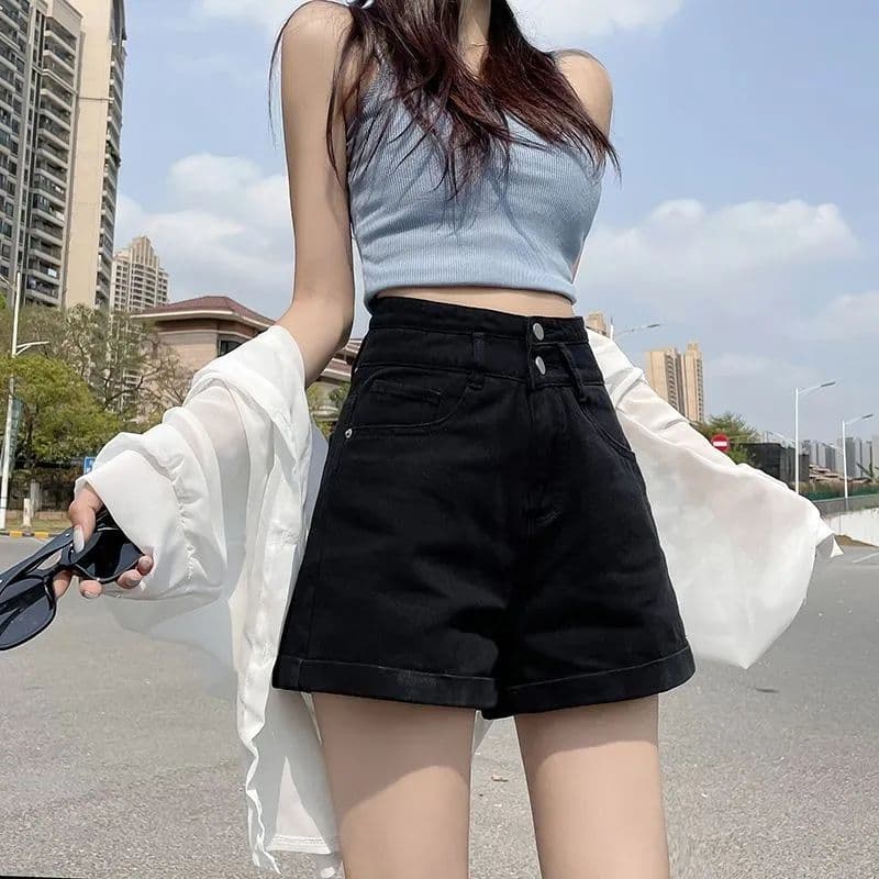 더블 버클 개성 미니멀리즘 스트레이트 데님 반바지 여성 여름 새로운 루즈핏 볼륨 측면 넓은 다리 데님 뜨거운 반바지 트렌디