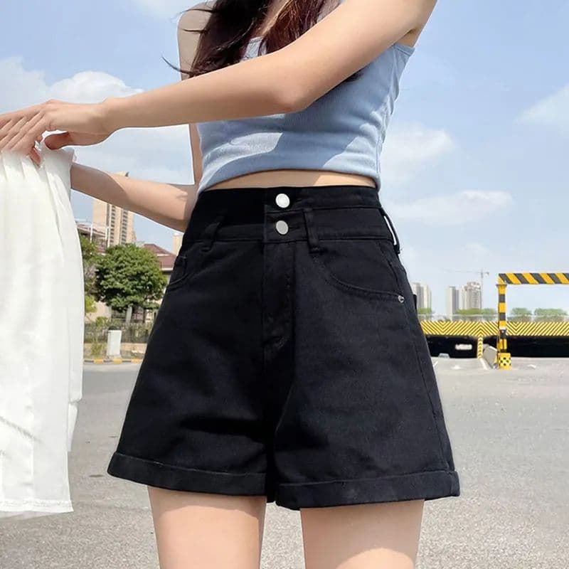 더블 버클 개성 미니멀리즘 스트레이트 데님 반바지 여성 여름 새로운 루즈핏 볼륨 측면 넓은 다리 데님 뜨거운 반바지 트렌디 이미지 3