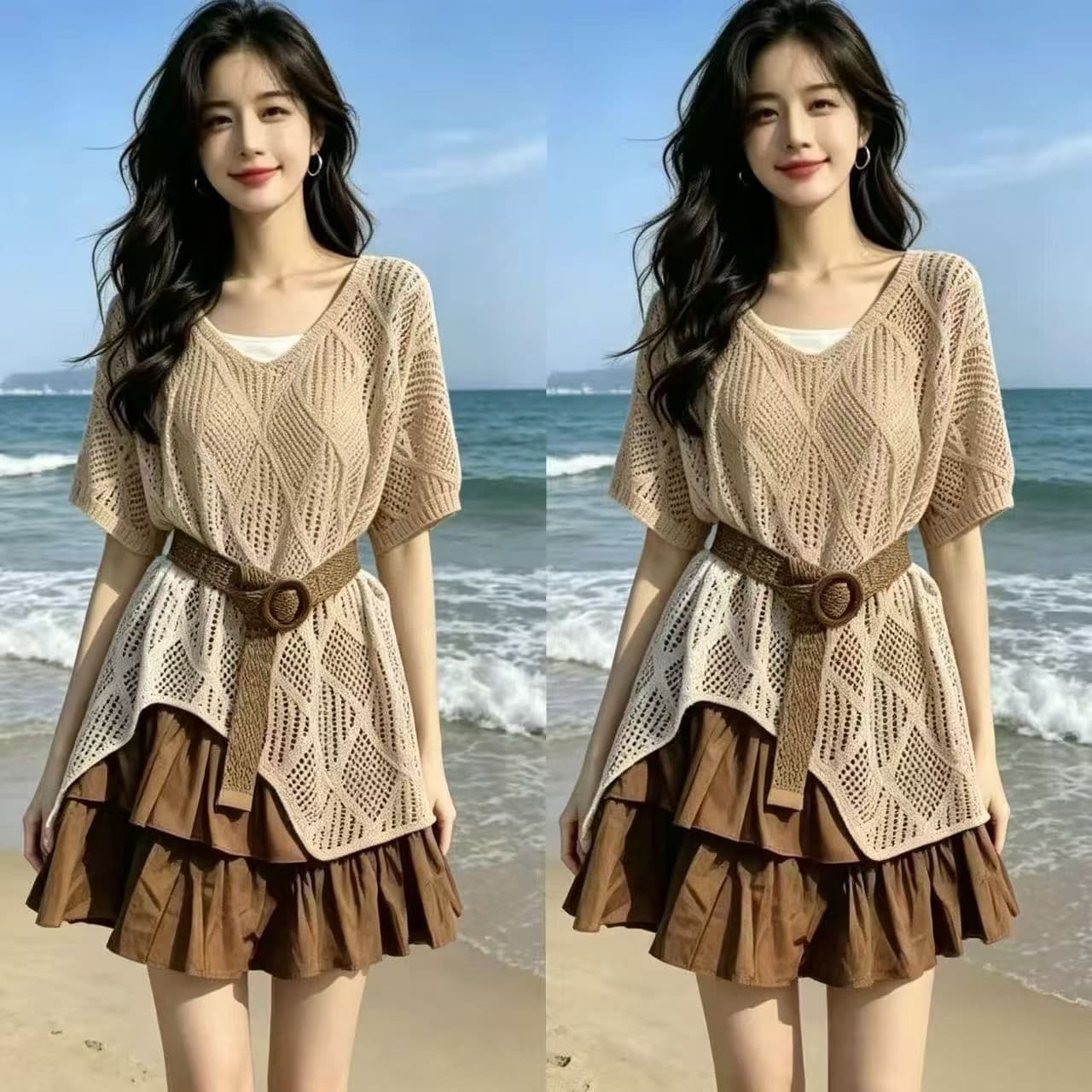 한 부서 홀로우 아웃 불규칙 니트 반팔 블라우스 여성 여름 느긋한 바람 루즈핏 다용도 미니 스커트 벨트 3종 세트