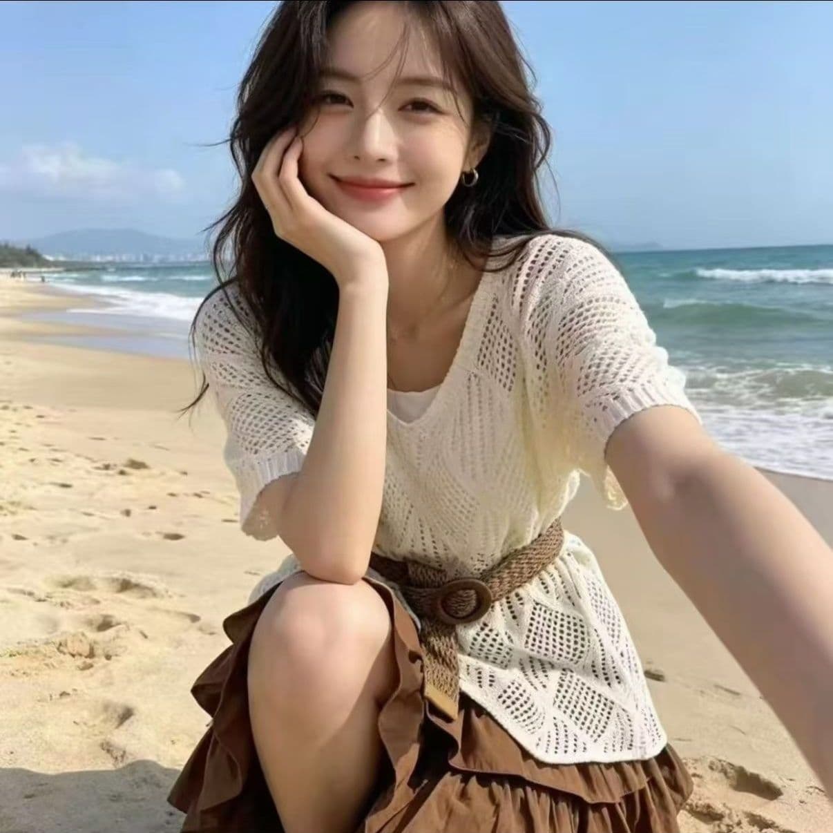 한 부서 홀로우 아웃 불규칙 니트 반팔 블라우스 여성 여름 느긋한 바람 루즈핏 다용도 미니 스커트 벨트 3종 세트 이미지 4