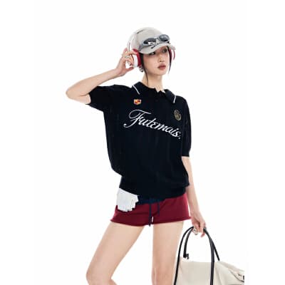 아메리칸 레트로 핑크색 저지 알파벳 털 니트 반팔 티셔츠 여성 여름 홀로우 아웃 운동 POLO 셔츠 공 서비스 상세 이미지 1