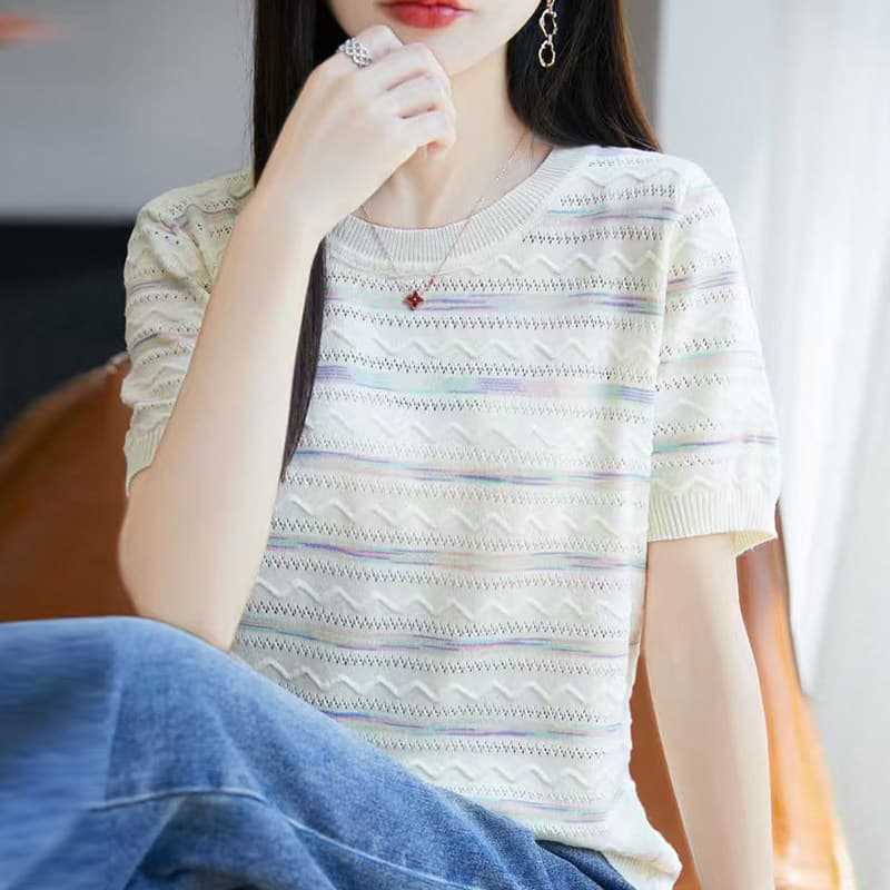 스트라이프 홀로우 아웃 반팔 티셔츠 여성 여름 2026 새로운 기본 셔츠 외국 가스 빅 사이즈 여성 의류 얼음 실크 니트 맨위 상세 이미지 3