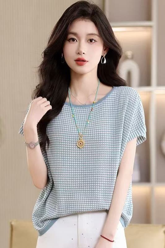 부드러운 바람 좋은 체크무늬 루즈핏 니트 스웨터 여성 여름 드레스 새로운 표지 고기 다용도 품격 다용도 반팔 티셔츠 맨위 이미지 6