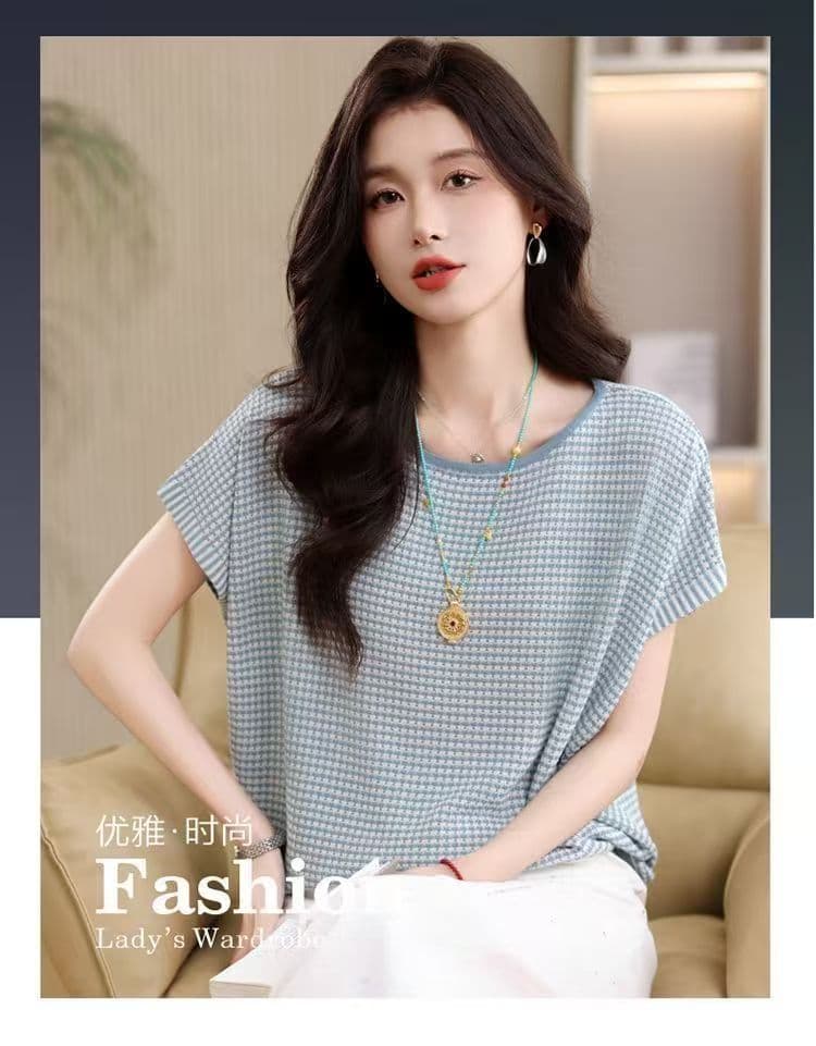 부드러운 바람 좋은 체크무늬 루즈핏 니트 스웨터 여성 여름 드레스 새로운 표지 고기 다용도 품격 다용도 반팔 티셔츠 맨위 상세 이미지 10