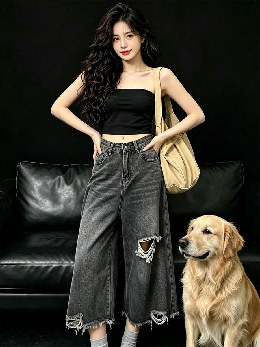 아메리칸 레트로 디자인 센스 마 오래된 찢어진 부분 청바지 아이들 여름 핫걸 루즈핏 느긋한 느슨함 센스 7 점 바지 상세 이미지 7