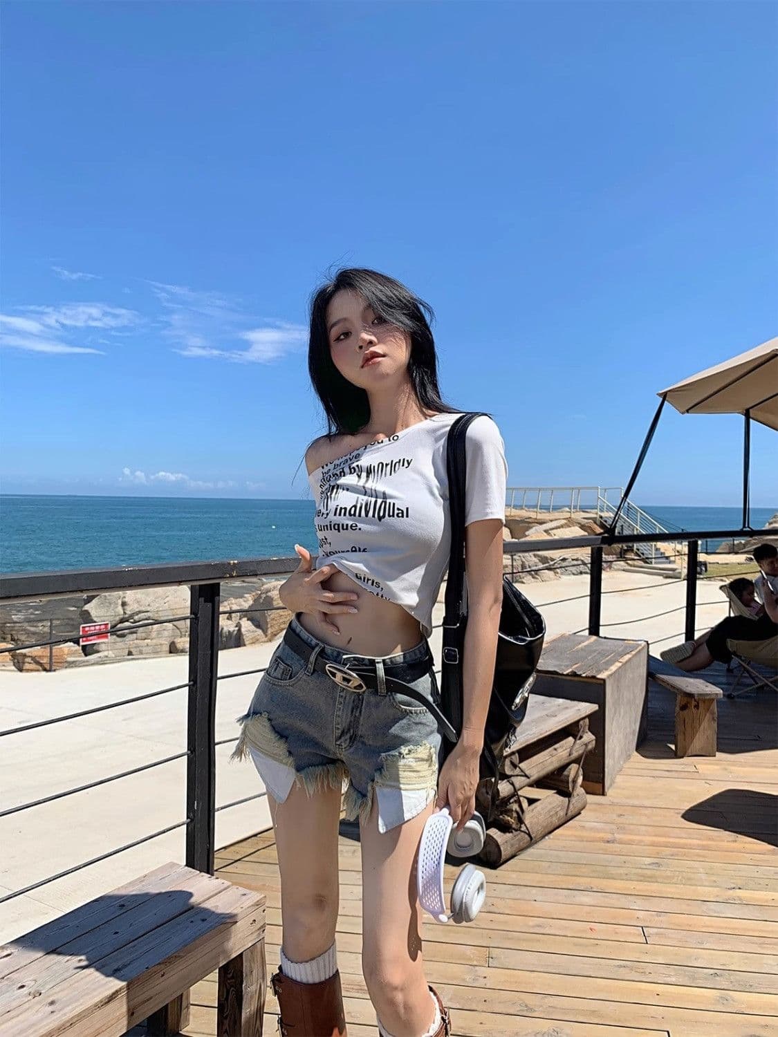 유럽 아메리칸 vibe 찢어진 부분 거친 가장자리 데님 반바지 여성 여름 새로운 하이웨이스트 레트로 다용도 넓은 다리 핫 바지 슬림해 보이는 상세 이미지 8