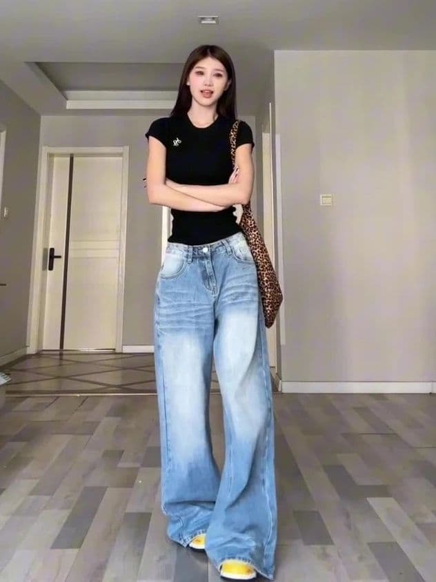 아메리칸 레트로 주름 마 오래된 워싱 청바지 여성 여름 새로운 루즈핏 다용도 스트레이트 와이드 레그 팬츠 바닥 청소 바지 상세 이미지 3