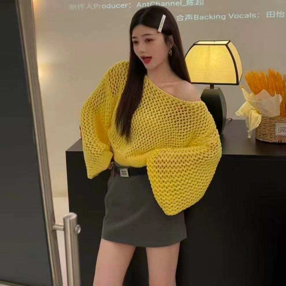 순수한 욕망 바람 섹시함 비스듬한 어깨 홀로우 아웃 니트 스웨터 여성 봄 여름 얇은 스타일 루즈핏 슬림해 보이는 쇼트 스타일 자외선 차단 블라우스 맨위 상세 이미지 3