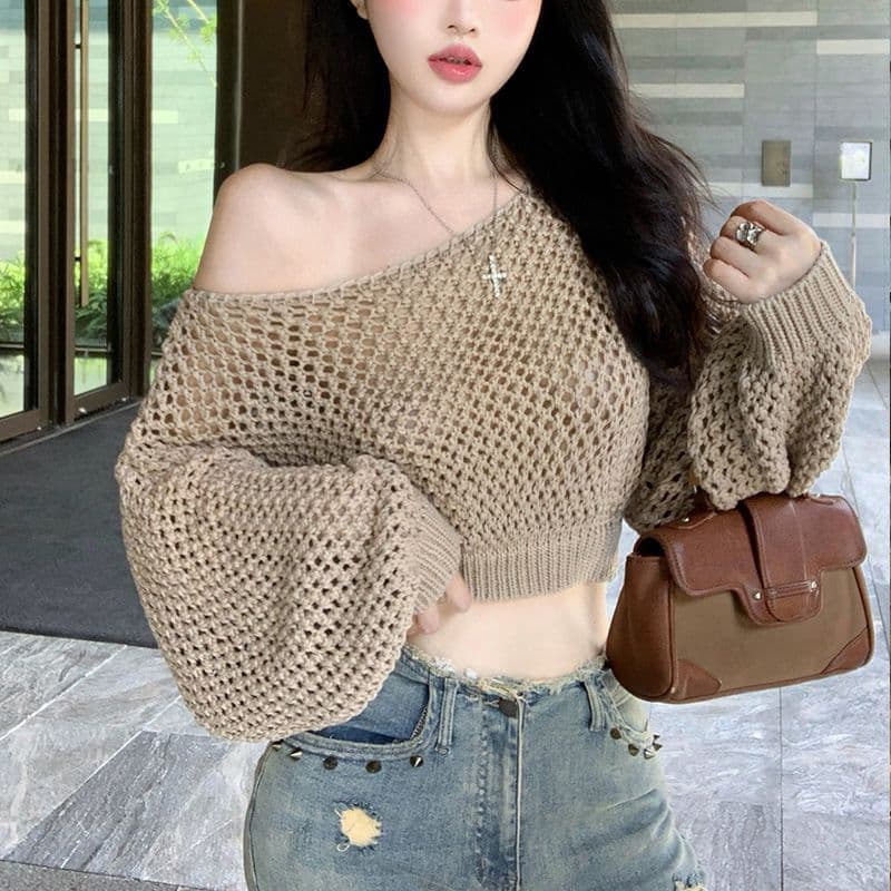 순수한 욕망 바람 섹시함 비스듬한 어깨 홀로우 아웃 니트 스웨터 여성 봄 여름 얇은 스타일 루즈핏 슬림해 보이는 쇼트 스타일 자외선 차단 블라우스 맨위 상세 이미지 7