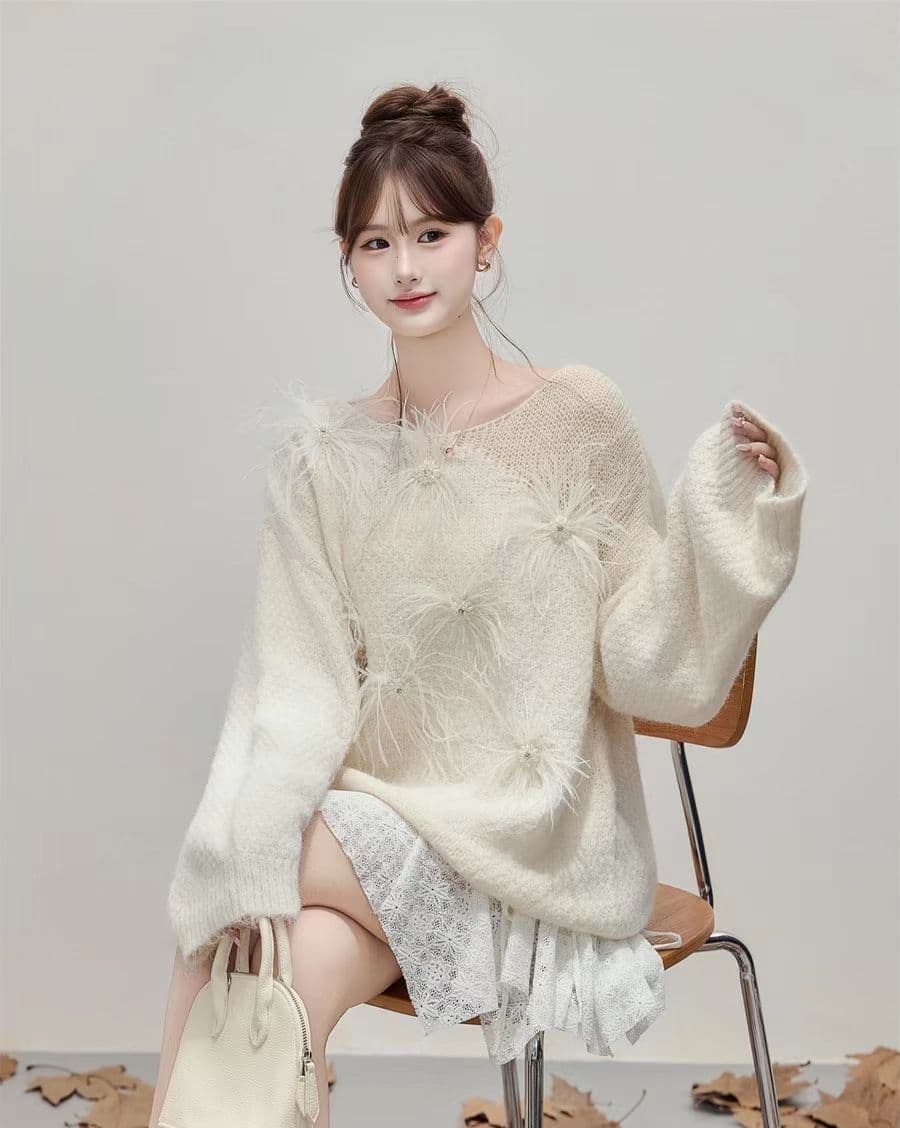 부드러운 고급 센스 비즈 박기 깃털 꽃 홀로우 아웃 풀오버 스웨터 여자 2026 가을 익스트림 제인 라운드 넥 긴팔 니트 스웨터 이미지 4
