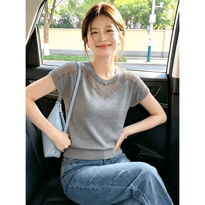 우아함 핫픽스 반팔 티셔츠 얼음 실크 니트 스웨터 여성 여름 드레스 새로운 프랑스식 외국 가스 루즈핏 슬림해 보이는 패션 맨위 상세 이미지 3