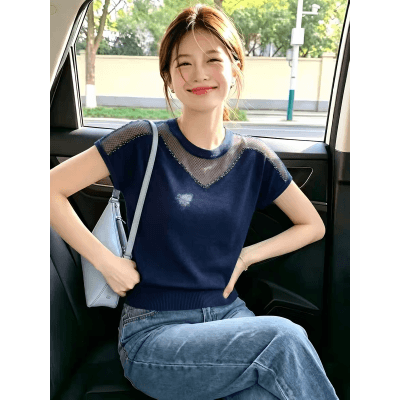 우아함 핫픽스 반팔 티셔츠 얼음 실크 니트 스웨터 여성 여름 드레스 새로운 프랑스식 외국 가스 루즈핏 슬림해 보이는 패션 맨위 상세 이미지 4