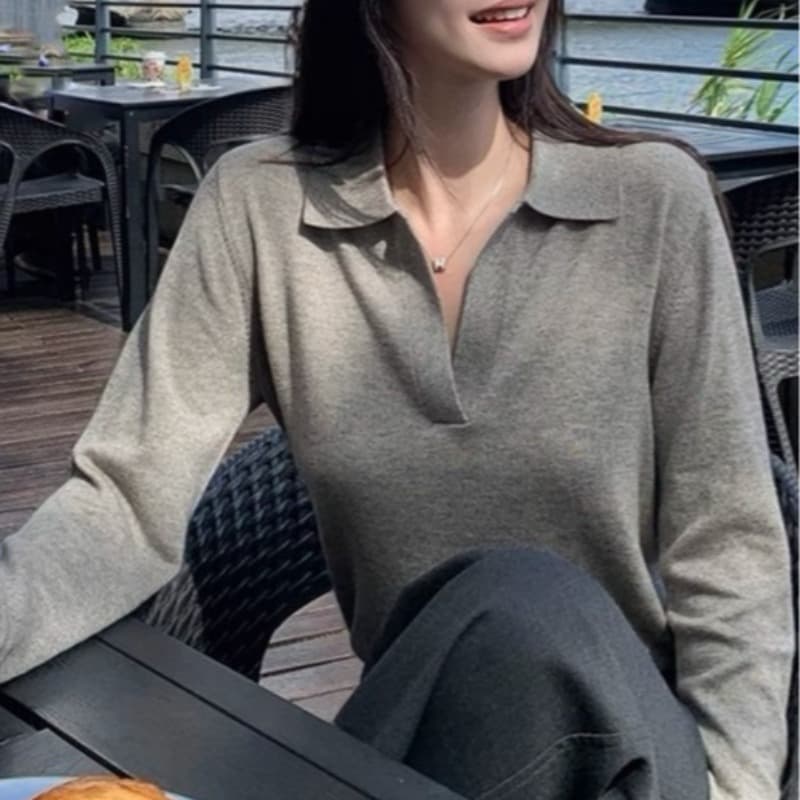 한 부서 문예 레트로 블루 색상 긴팔 니트 스웨터 티셔츠 여성 가을 느긋한 고급 센스 POLO 셔츠 만나는 맨위 이미지 5