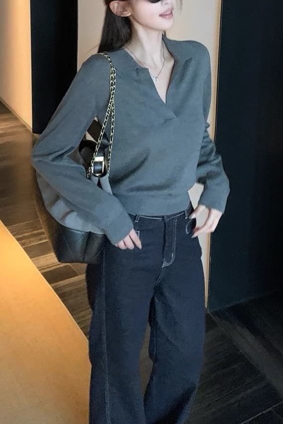 한 부서 문예 레트로 블루 색상 긴팔 니트 스웨터 티셔츠 여성 가을 느긋한 고급 센스 POLO 셔츠 만나는 맨위 이미지 6