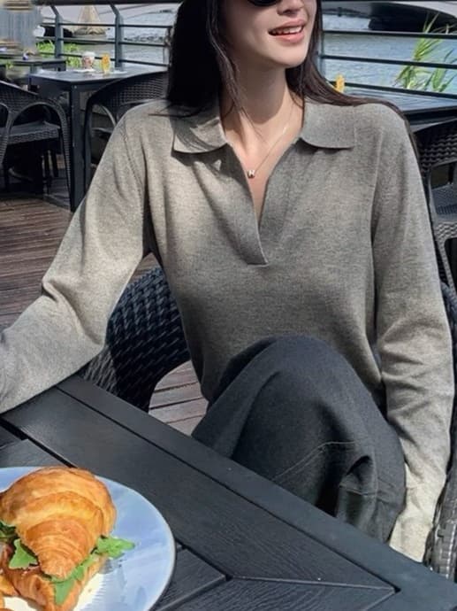 한 부서 문예 레트로 블루 색상 긴팔 니트 스웨터 티셔츠 여성 가을 느긋한 고급 센스 POLO 셔츠 만나는 맨위 상세 이미지 4
