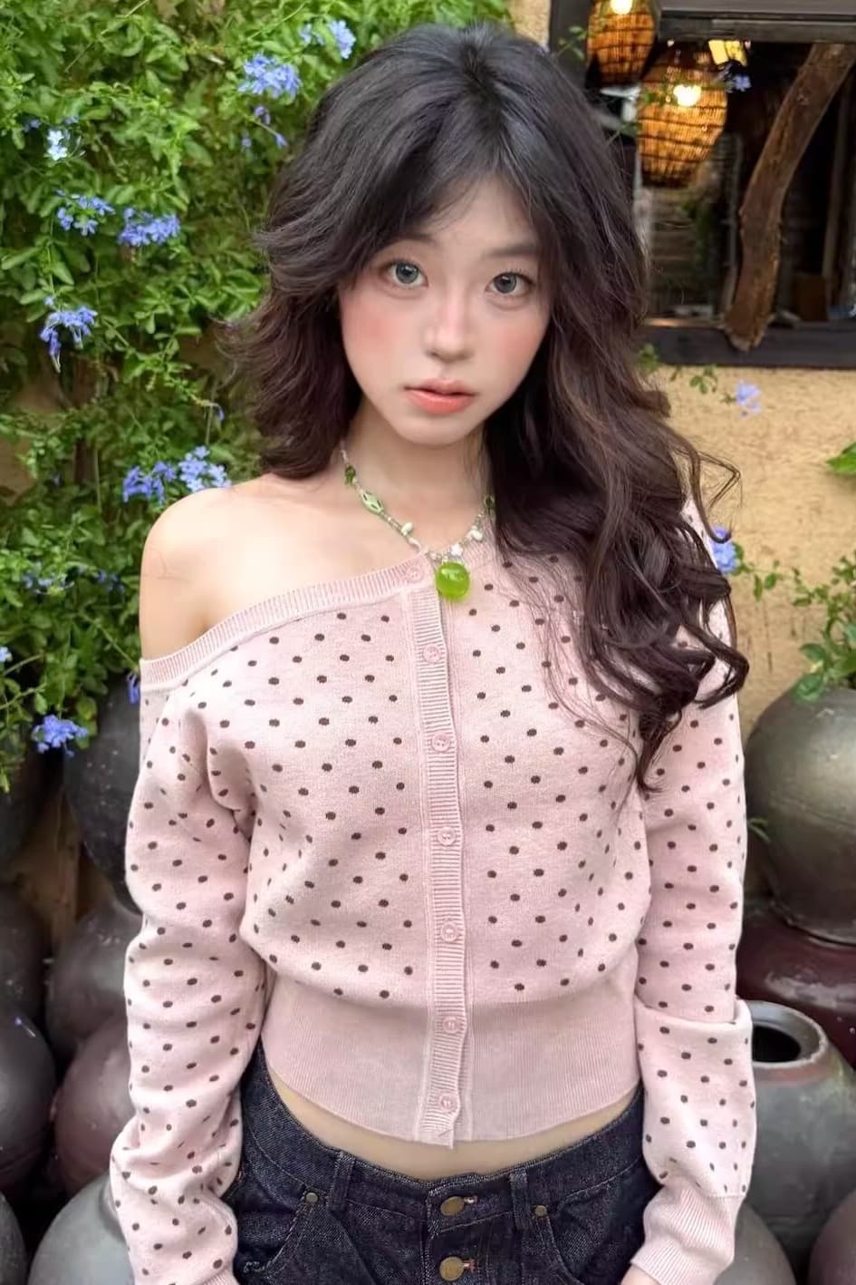 miu 부서 도트 무늬 니트 오픈 가디건 여성 이른 가을 착용 가져 가라. 회색 비스듬한 어깨 긴팔 몸매 가꾸기 슬림해 보이는 쇼트 스타일 한 첨부 된 의류 이미지 6