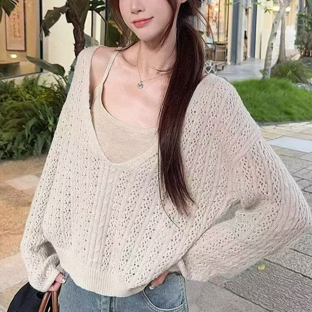 한 부서 부드러운 바람 V넥 니트 두 조각 여성 세트 루즈핏 홀로우 아웃 스웨터 슬립 인사이드 가져 가라. 스택 착용 세트 상세 이미지 5