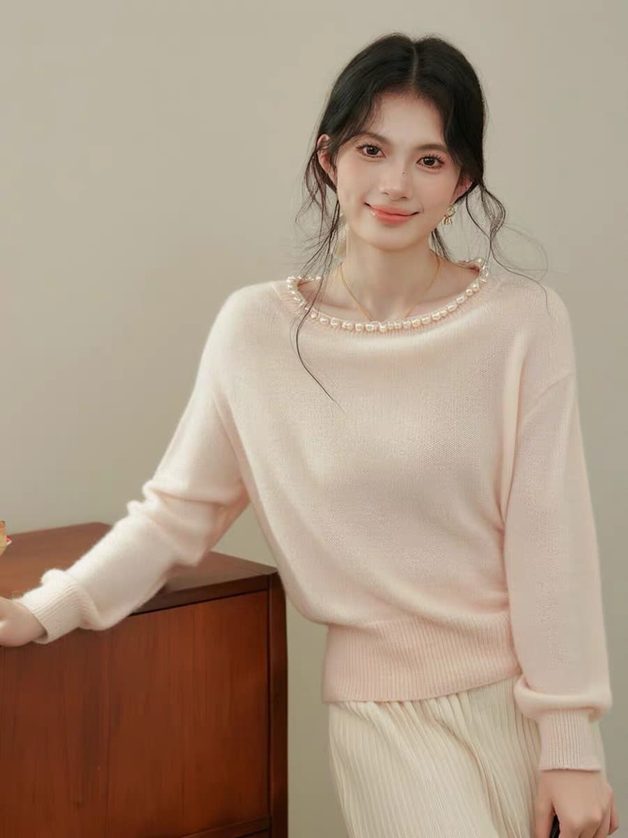 한 부서 미니멀리즘 핑크색 진주 칼라 라운드 넥 니트 스웨터 여성 2026 가을 겨울 새로운 부드러운 바람 루즈핏 다용도 맨위 상세 이미지 2