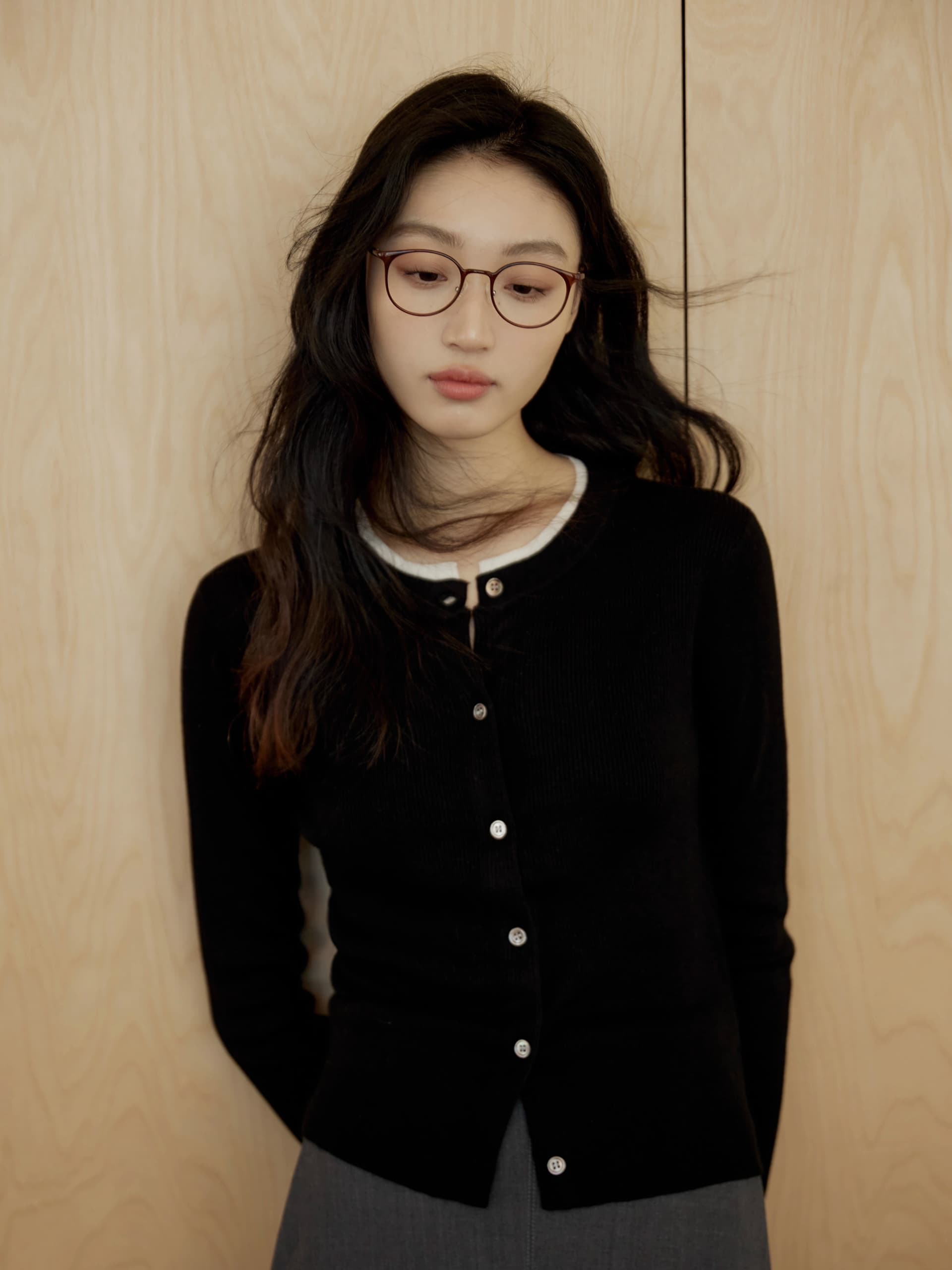 한 부서 미니멀리즘 출퇴근 라운드 넥 배색 페이크 레이어드 양모 회색 니트 오픈 가디건 여성 가을 겨울 긴팔 맨위 이미지 3