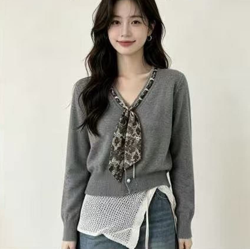 작은 대중 디자인 센스 꽃무늬 나비 넥타이 니트 맨위 V넥 진주 단추 와이드 부드러운 찹쌀 연령 감소 긴팔 오픈 가디건 이미지 4