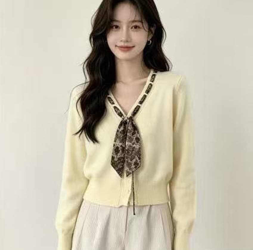 작은 대중 디자인 센스 꽃무늬 나비 넥타이 니트 맨위 V넥 진주 단추 와이드 부드러운 찹쌀 연령 감소 긴팔 오픈 가디건 상세 이미지 3