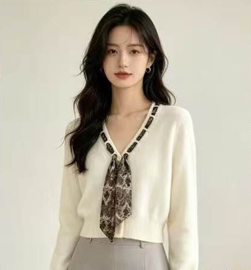 작은 대중 디자인 센스 꽃무늬 나비 넥타이 니트 맨위 V넥 진주 단추 와이드 부드러운 찹쌀 연령 감소 긴팔 오픈 가디건 상세 이미지 7