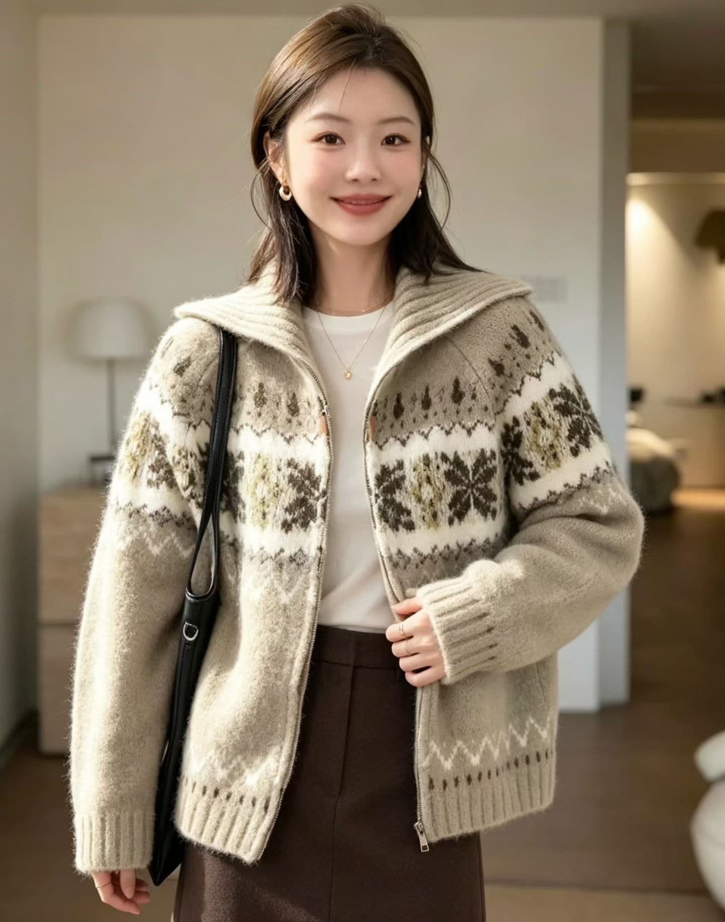 공정한 섬 자카드 지퍼 오픈 가디건 폴로 칼라 스웨터 가을 겨울 재킷 느긋한 레트로 루즈핏 니트 새로운 맨위 상세 이미지 1