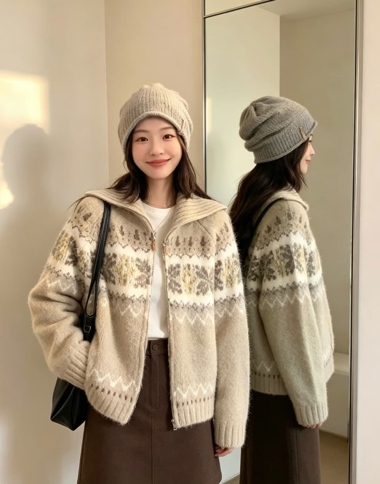 공정한 섬 자카드 지퍼 오픈 가디건 폴로 칼라 스웨터 가을 겨울 재킷 느긋한 레트로 루즈핏 니트 새로운 맨위 상세 이미지 2