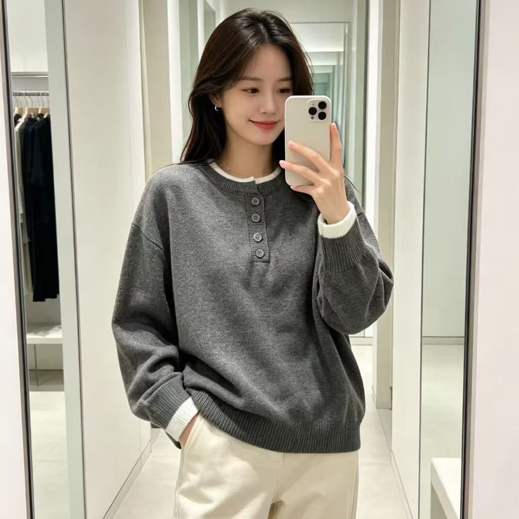 한 부서 패치워크 색상 헨리 칼라 페이크 레이어드 스웨터 여자 가을 겨울 새로운 루즈핏 두꺼운 니트 기본 셔츠 인사이드 잡아라. 의류 이미지 5