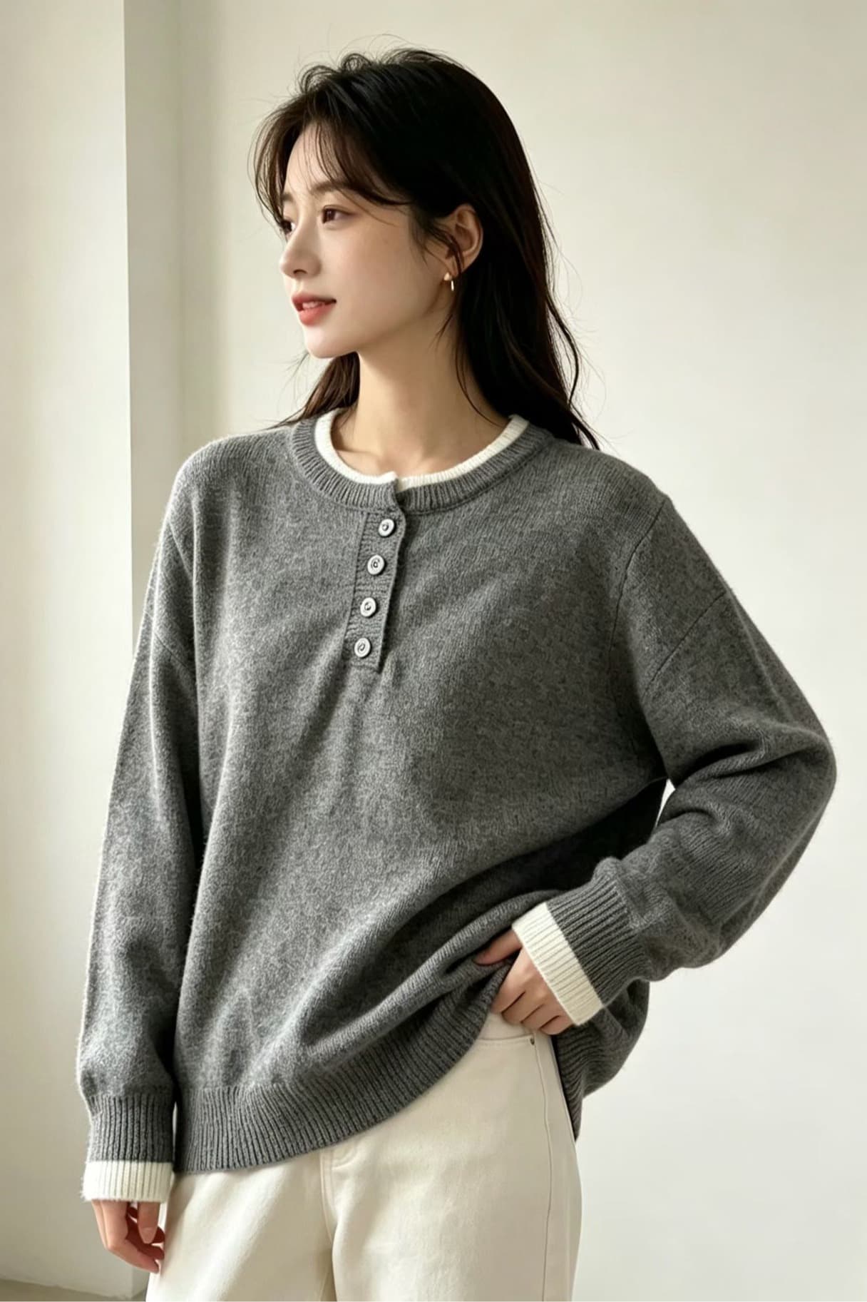 한 부서 패치워크 색상 헨리 칼라 페이크 레이어드 스웨터 여자 가을 겨울 새로운 루즈핏 두꺼운 니트 기본 셔츠 인사이드 잡아라. 의류 이미지 6