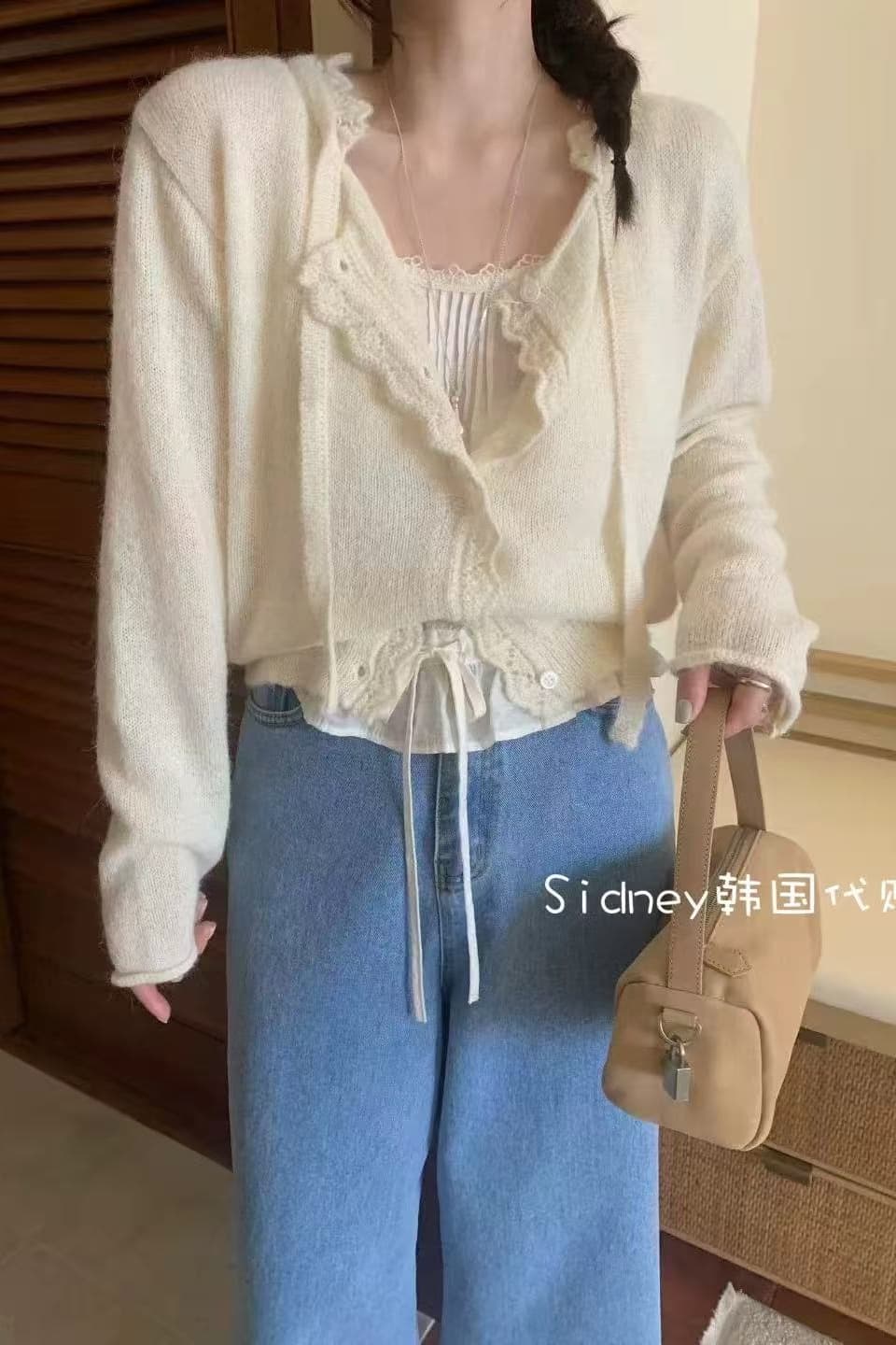 한 부서 느긋한 바람 회색 라운드 넥 스웨터 여자 가을 새로운 디자인 센스 작은 대중 와이드 부드러운 찹쌀 니트 오픈 가디건 트렌디 이미지 6