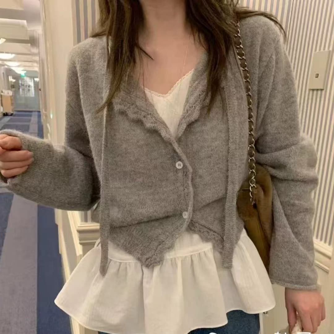 한 부서 느긋한 바람 회색 라운드 넥 스웨터 여자 가을 새로운 디자인 센스 작은 대중 와이드 부드러운 찹쌀 니트 오픈 가디건 트렌디