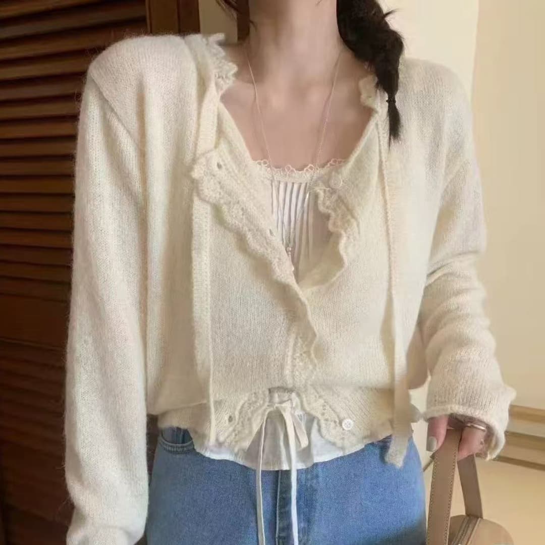 한 부서 느긋한 바람 회색 라운드 넥 스웨터 여자 가을 새로운 디자인 센스 작은 대중 와이드 부드러운 찹쌀 니트 오픈 가디건 트렌디 이미지 3