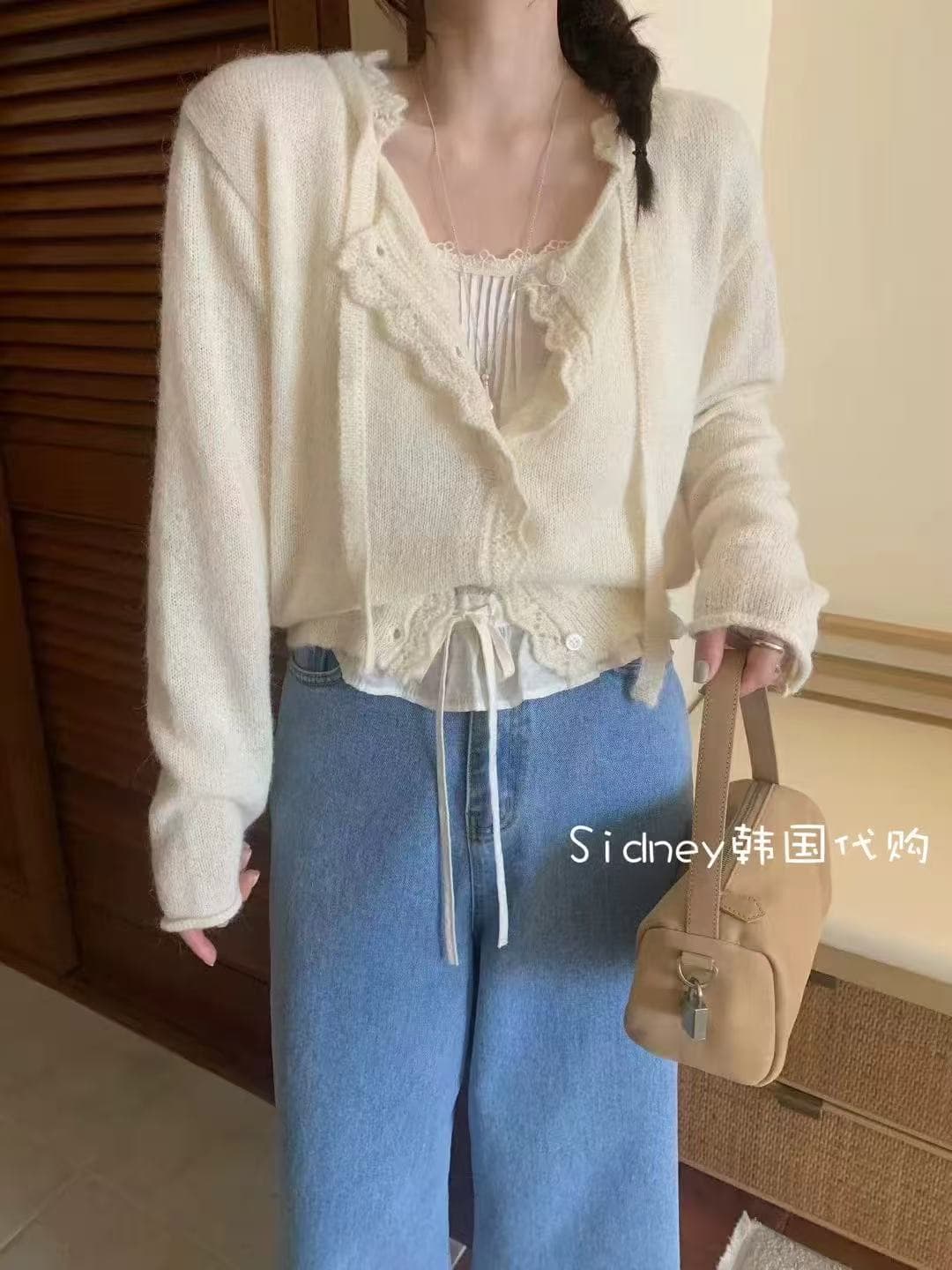 한 부서 느긋한 바람 회색 라운드 넥 스웨터 여자 가을 새로운 디자인 센스 작은 대중 와이드 부드러운 찹쌀 니트 오픈 가디건 트렌디 상세 이미지 1