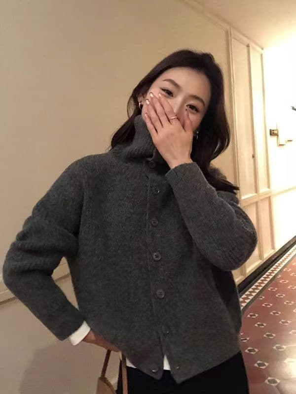 한 부서 레트로 황색 터틀넥 스웨터 오픈 가디건 여성 코트 가을 겨울 두꺼운 느긋한 바람 루즈핏 폴로 칼라 니트 맨위 상세 이미지 5