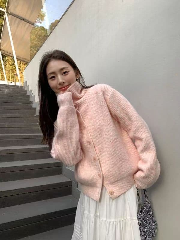 한 부서 레트로 황색 터틀넥 스웨터 오픈 가디건 여성 코트 가을 겨울 두꺼운 느긋한 바람 루즈핏 폴로 칼라 니트 맨위 상세 이미지 7