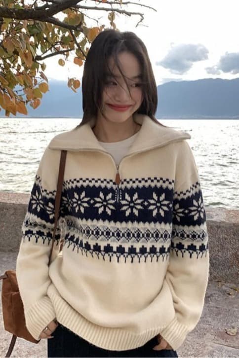 레트로 공정한 섬 두꺼운 2026 가을 새로운 느긋한 바람 루즈핏 자카드 카디건 폴로 칼라 지퍼 여성 이미지 6