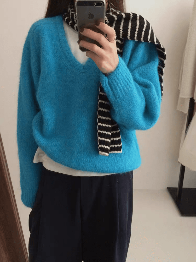 한 부서 가을 겨울 새로운 풀오버 스웨터 여자 V넥 루즈핏 단색 고급 센스 부드러운 찹쌀 느긋한 니트 여성 의류 맨위 상세 이미지 2