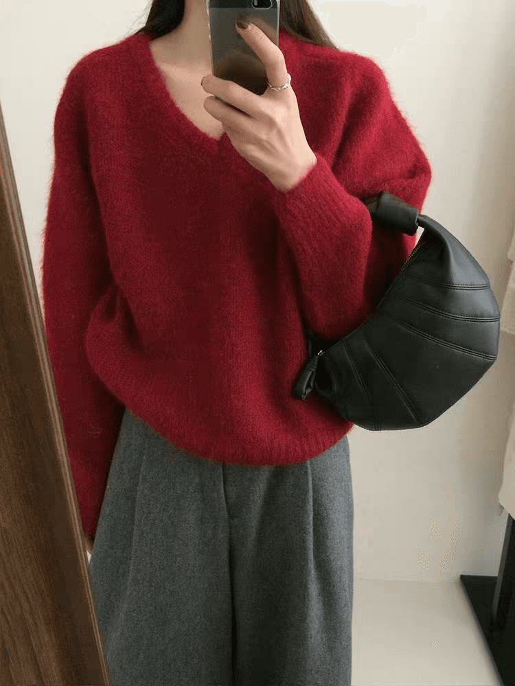 한 부서 가을 겨울 새로운 풀오버 스웨터 여자 V넥 루즈핏 단색 고급 센스 부드러운 찹쌀 느긋한 니트 여성 의류 맨위 상세 이미지 4