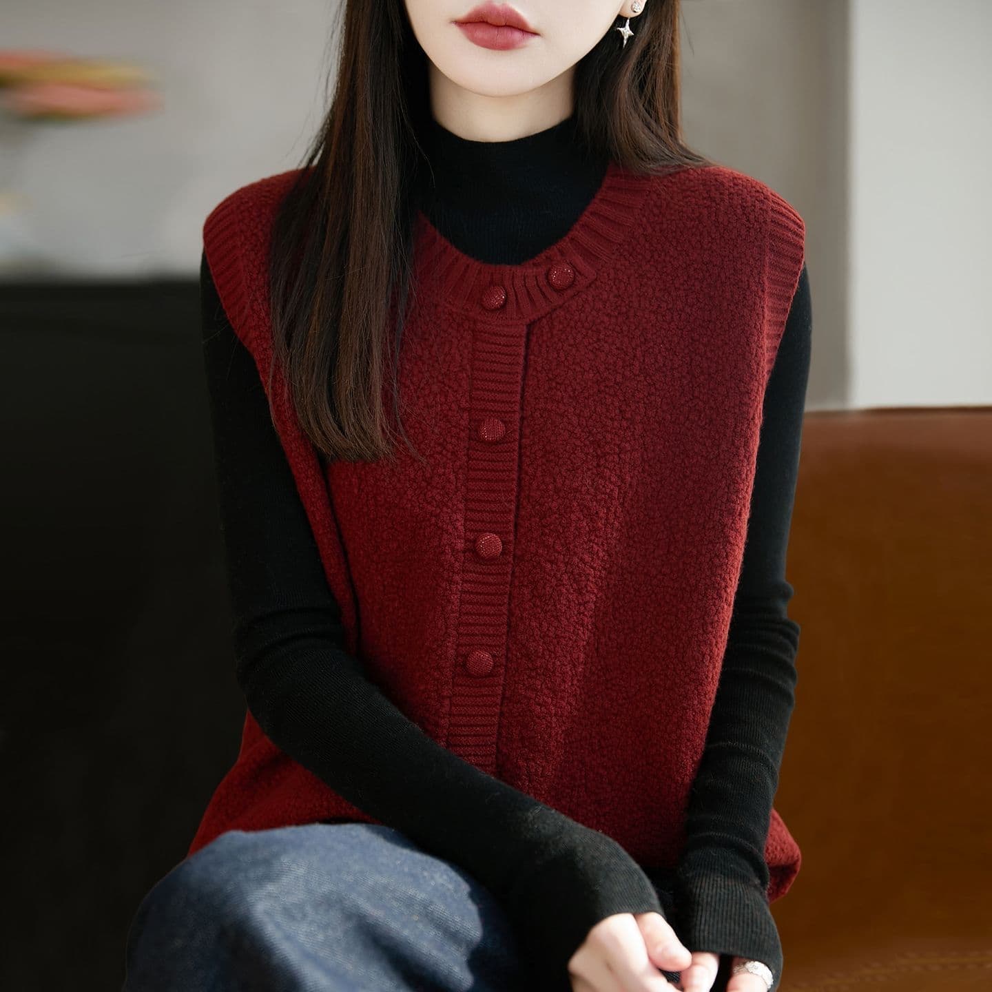 고급 상 니트 오픈 가디건 여성 뜨개질 어깨 베스트 단추 여성 코트 외국 가스 여성 의류 맨위 가을 겨울 스웨터 상세 이미지 5