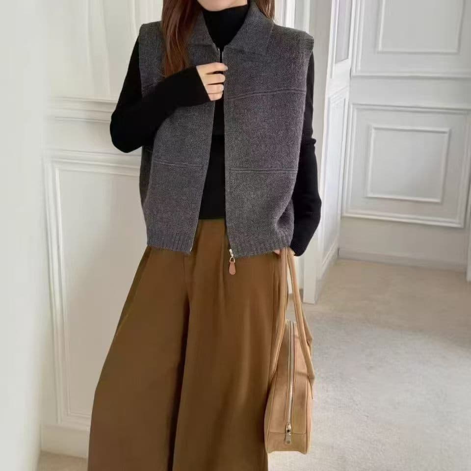 루즈핏 폴로 칼라 지퍼 한국 스타일 미니멀리즘 민소매 스웨터 새로운 슬림해 보이는 캐주얼 섹션 단색 다용도 니트 조끼 여자 상세 이미지 1