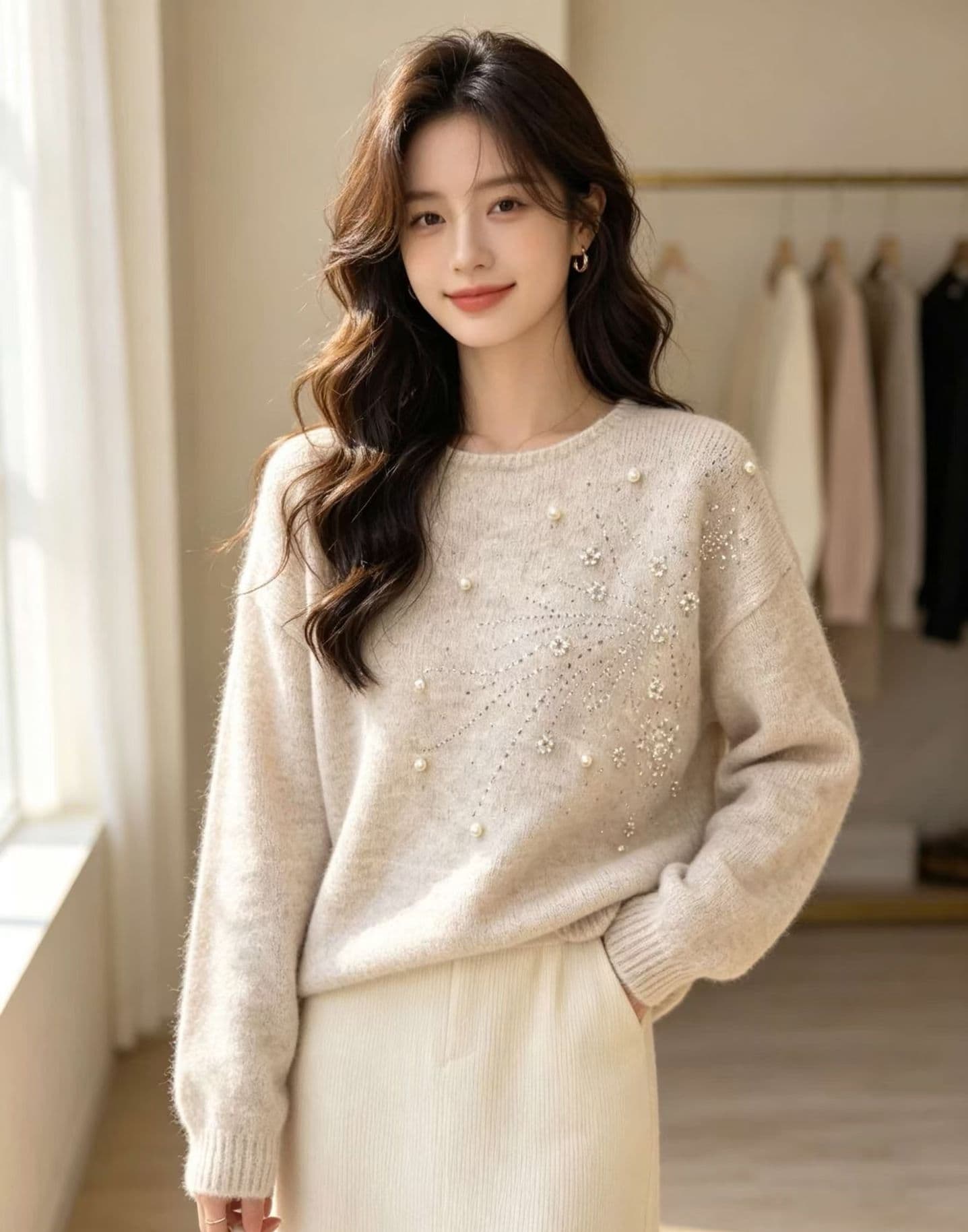 디자인 센스 무거운 작업 비즈 박기 루즈핏 스웨터 여자 한 부서 부드러운 바람 품격 패션 캐주얼 풀오버 부드러운 찹쌀 니트 스웨터 상세 이미지 3